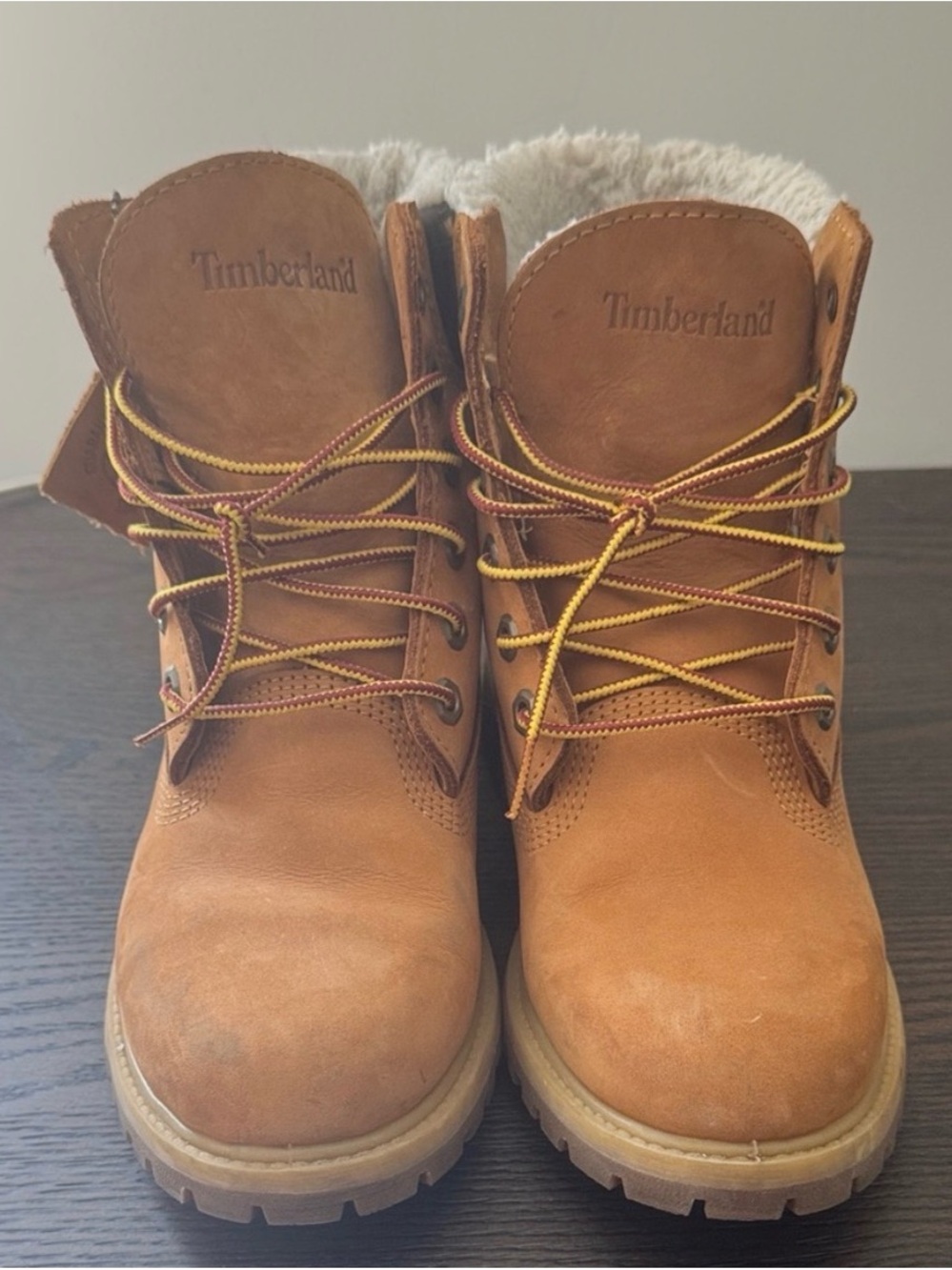 Timberland Wheat Brown Leather Lace-Up Winter Boots with Shearling Collar
